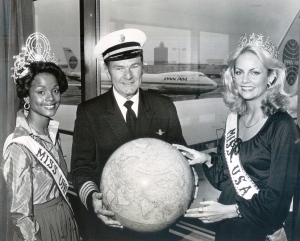 (left to right) Janelle Penny Commissiong, the reigning Miss Universe; Captain Walter H. Mullikin, Vice President and Chief Pilot; Kimberly Louise Tomes, Miss USA.